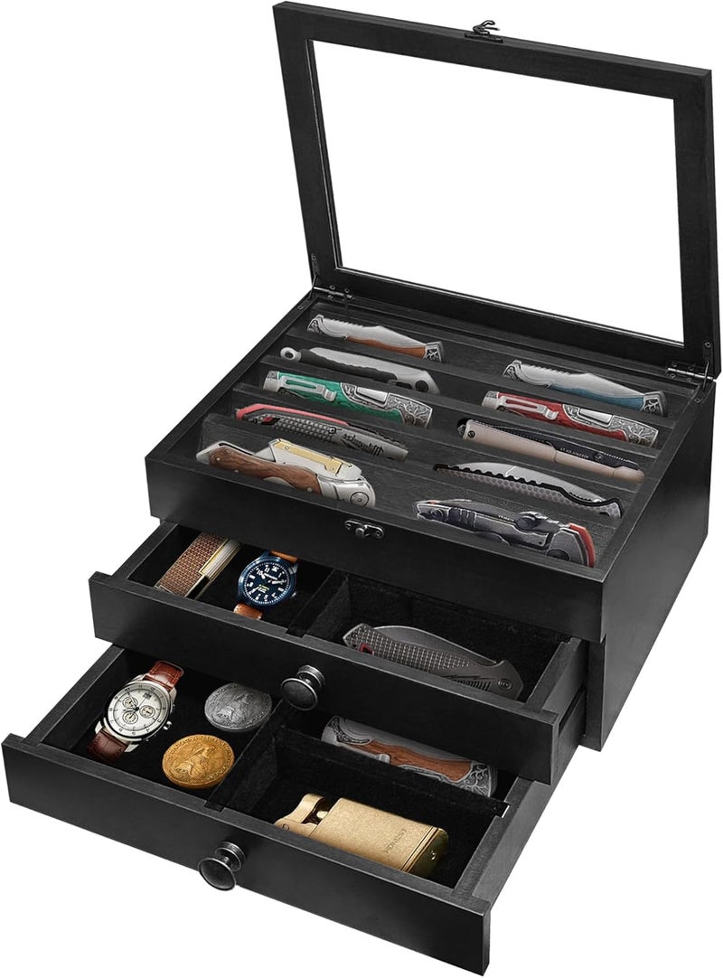 montex Knife Display Case,3 Layer Pocket Knife Display Case Wood, Knife Collection Display Case with Drawers, Pocket Knife Organizer for Gifts, Black - Image 1